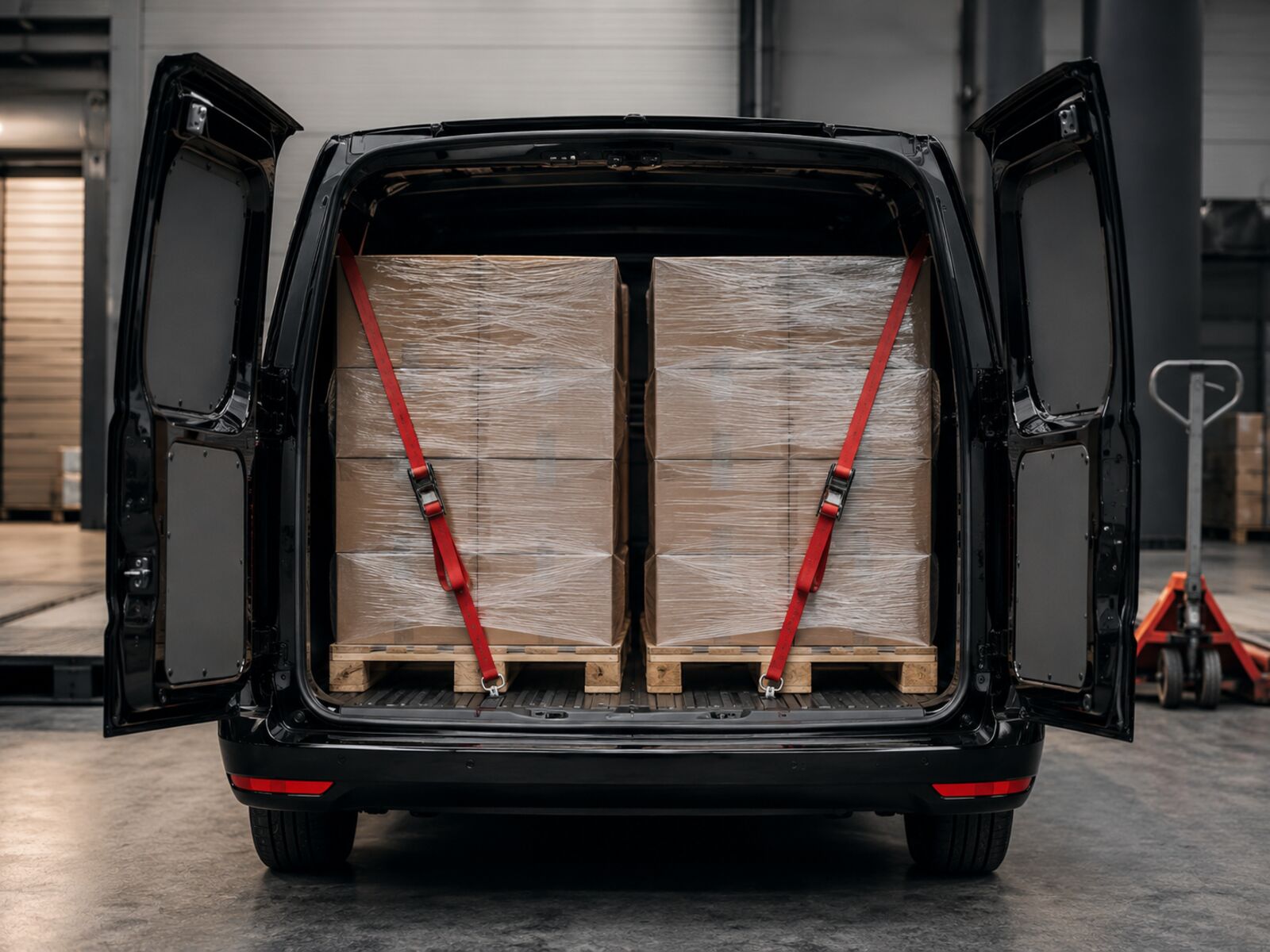 Laderaum des schwarzen VW Caddy mit zwei gesicherten Europaletten
