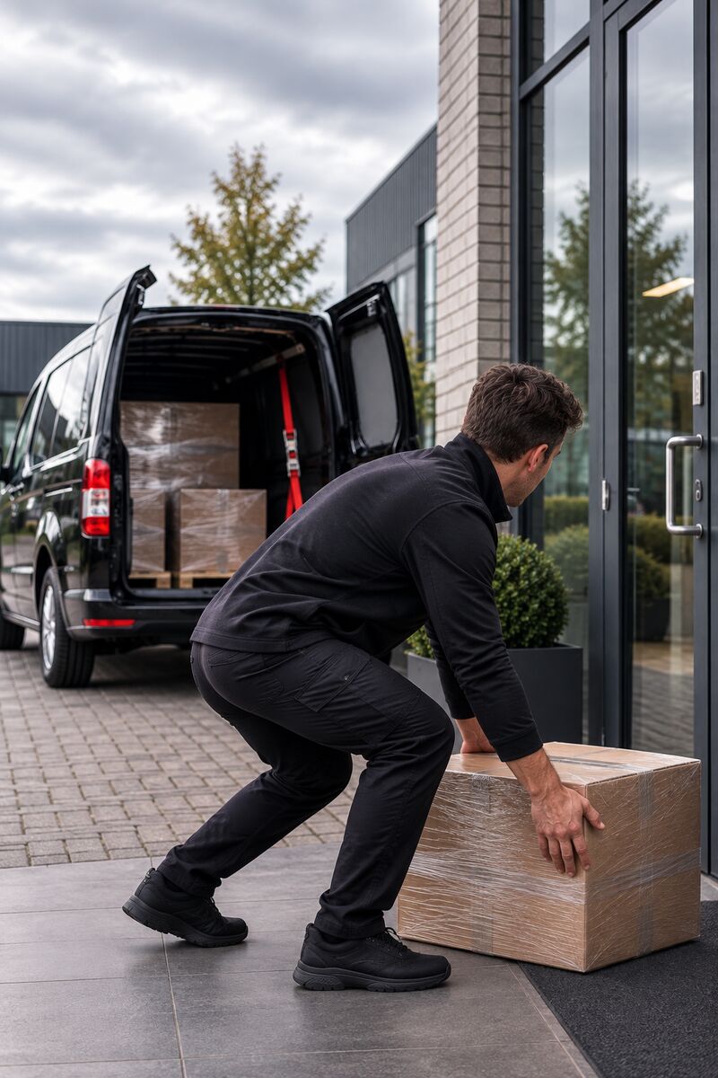 Fahrer stellt eine Sendung am Eingang eines Unternehmens ab