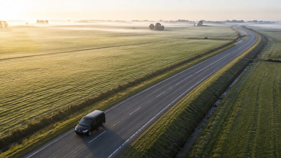 Transporter auf einer Landstraße bei Sonnenaufgang